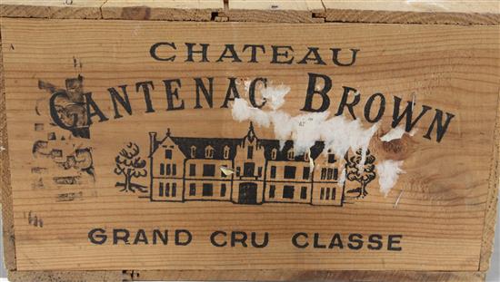 A case of twelve bottles of Chateau Cantenac Brown, Margaux, 1975, in original wooden case.